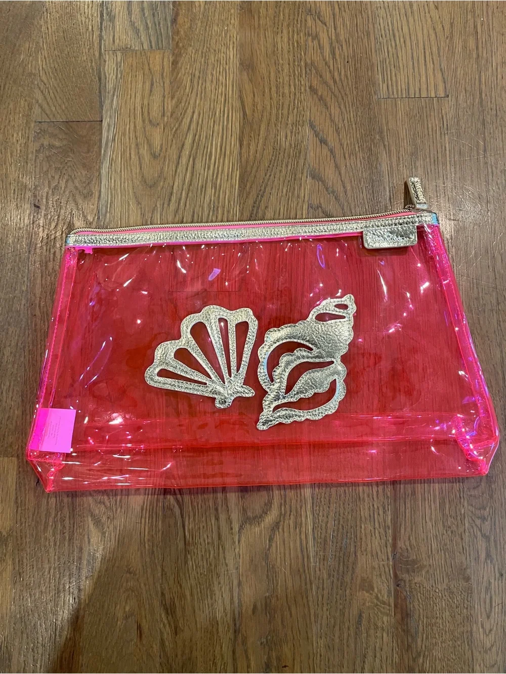 Lilly Pulitzer Hot Pink Clear Clutch with Gold Shell Appliqués